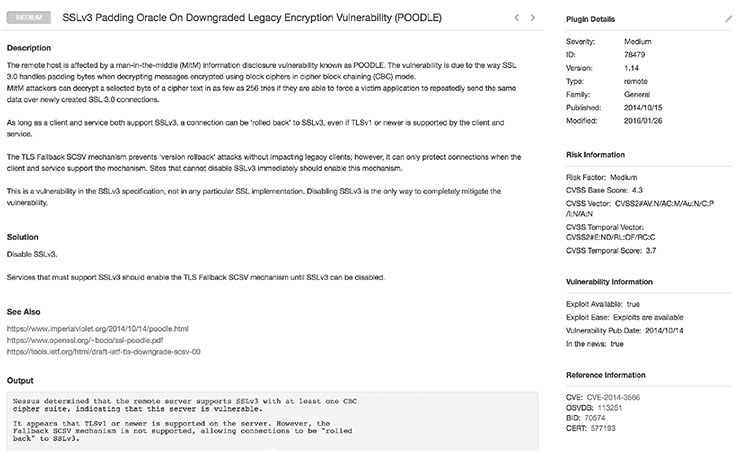 Screenshot shows scan report with headline "Medium.SSLv3 Padding Oracle on downgraded legacy encryption vulnerability". It also shows sections like description, solution, see also, output, plugin details, risk information, vulnerability information, and reference information.