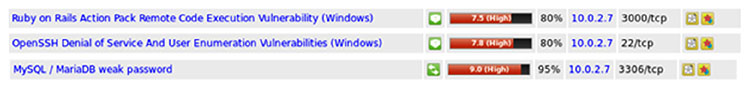 Screenshot shows scan report which contains severity, QoD, host, location for vulnerabilities like Ruby on Rails action pack remote code execution, OpenSSH denial of service and user enumeration, and MySQL/ Maria DB weak password.