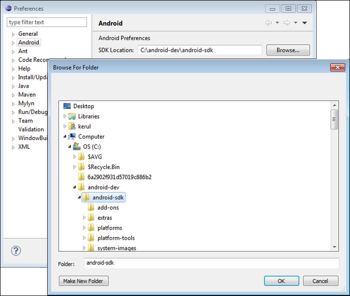 Linking the Android SDK to the Eclipse