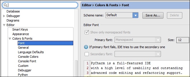 pycharm change font size