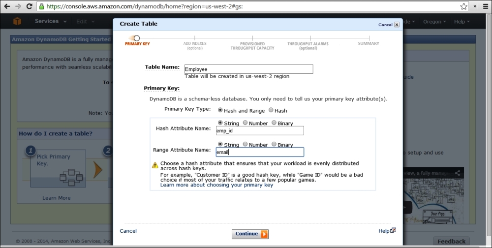Creating a DynamoDB table using the AWS management console