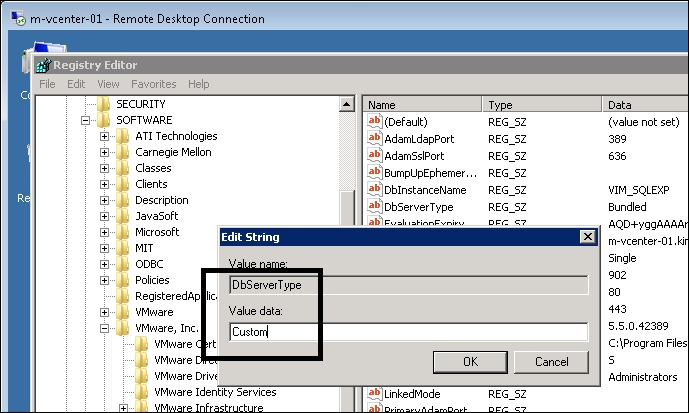 Changing the vCenter ODBC connection