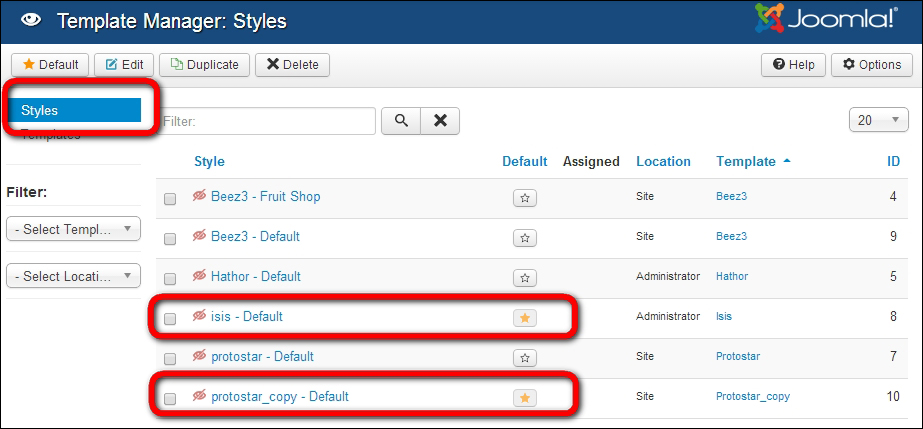 Changing the settings of the current template