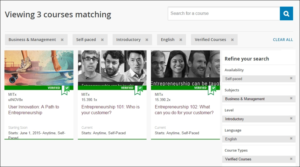 Finding courses by refining your search
