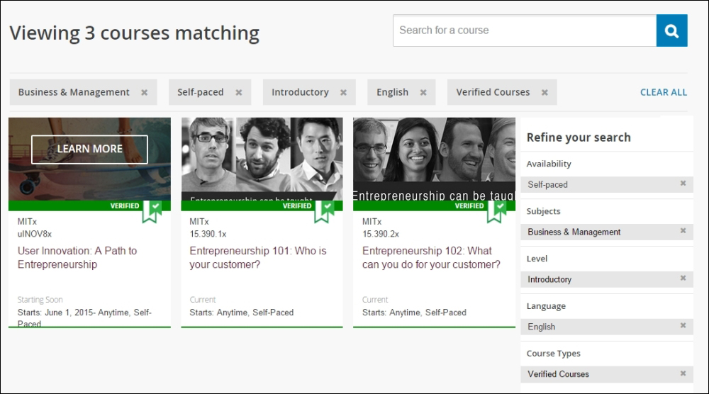 Finding courses by refining your search