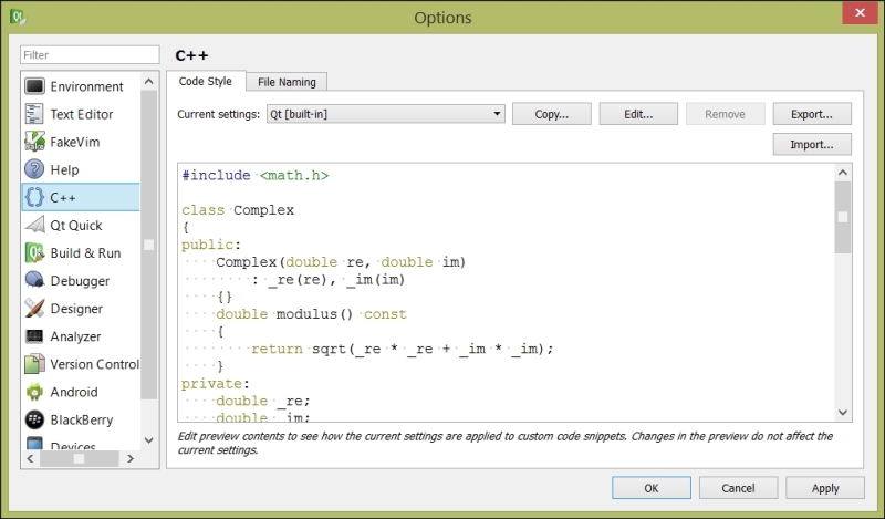 Configuring the coding style and coding format options