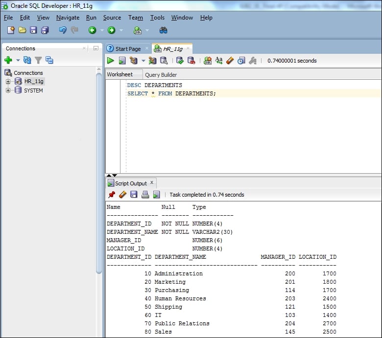 Using basic commands in the SQL Worksheet