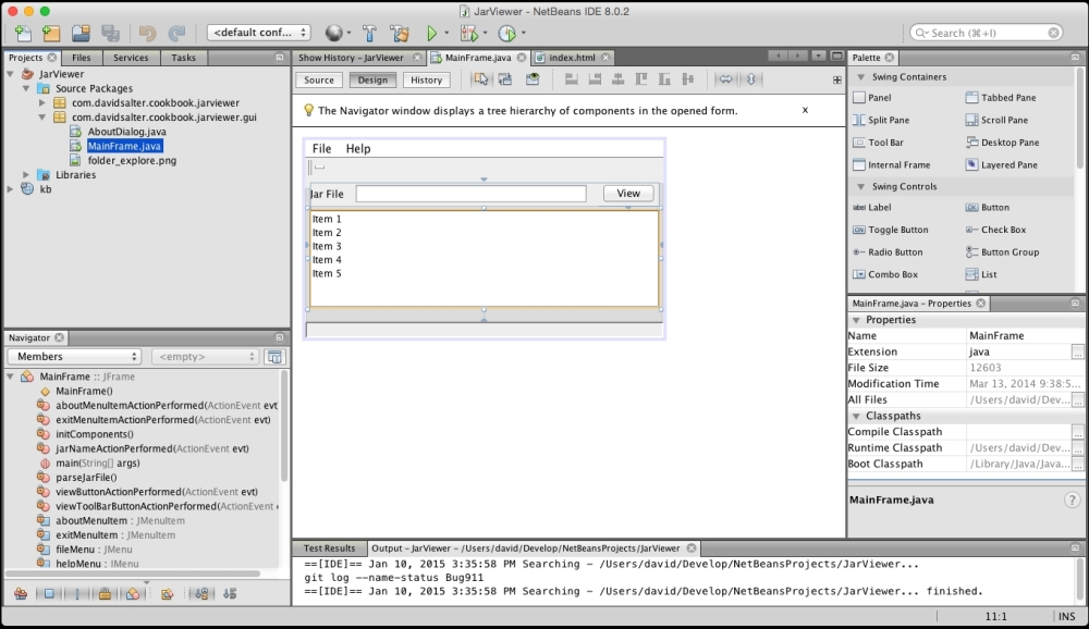 The NetBeans screen layout