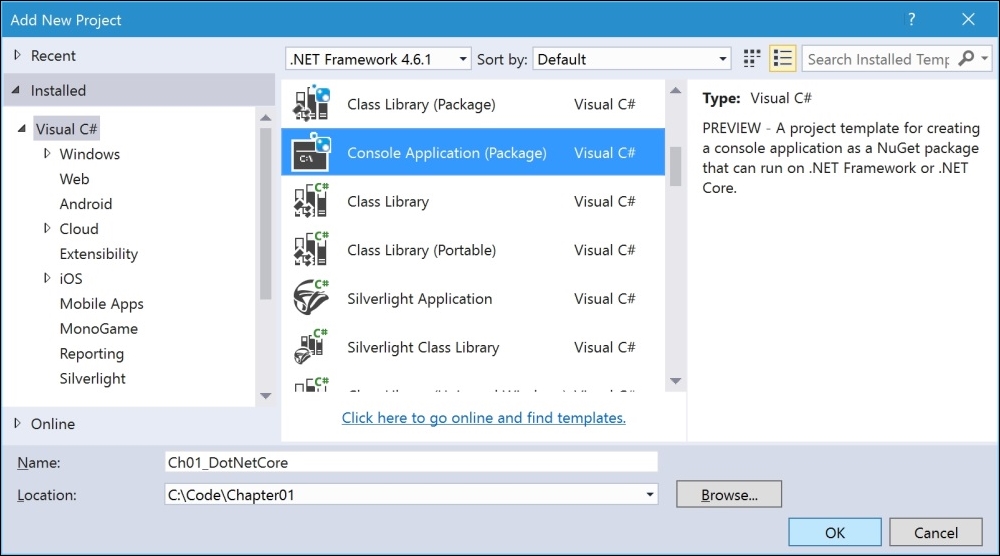 Creating a .NET Core application using Visual Studio 2015