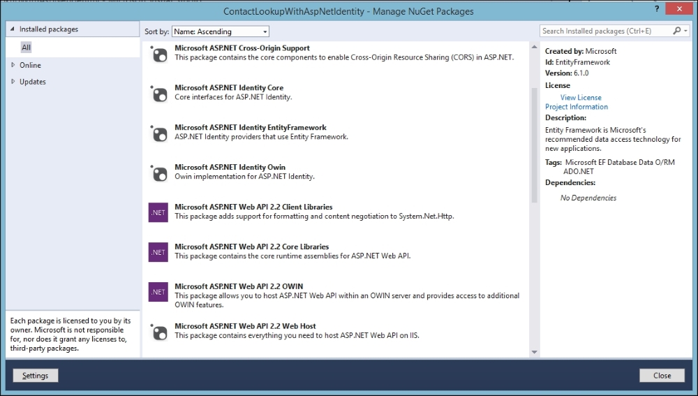 Installing the ASP.NET Identity NuGet packages