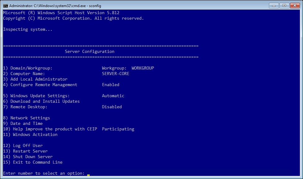 Managing a Server Core installation using sconfig