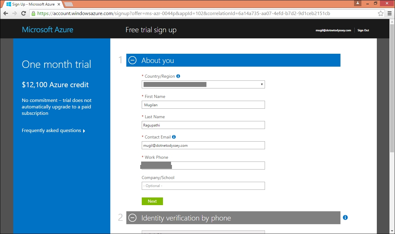 Signing up to Microsoft Azure