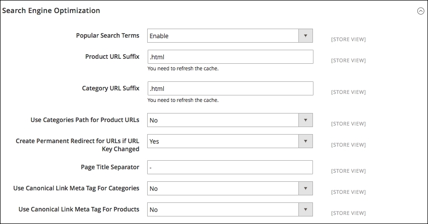 SEO catalog configuration