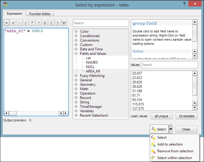 Selecting features with expressions