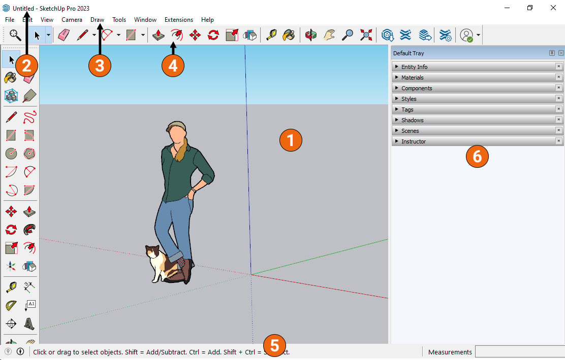 Figure 1.4: SketchUp Pro User Interface with Labeled Elements
