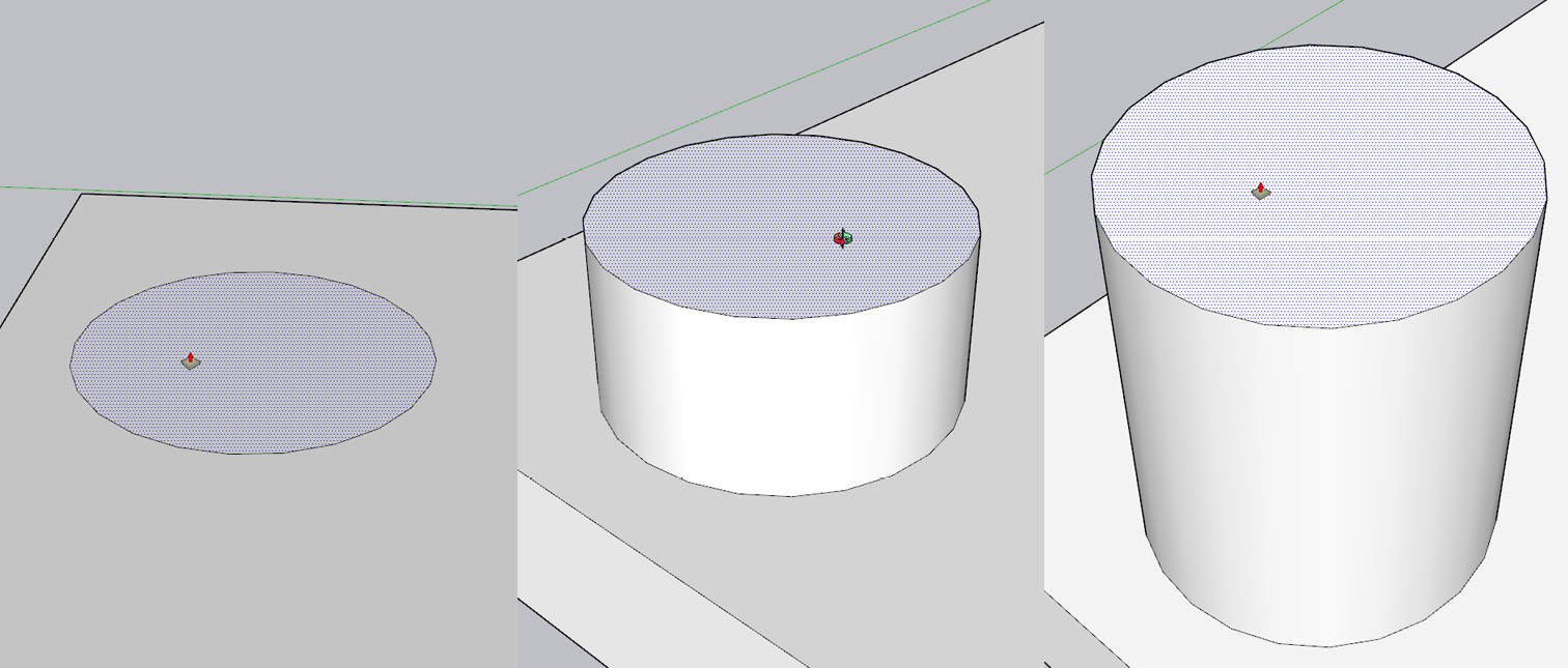 Figure 1.26: Starting the Push Pull Tool (Left), Orbit (Middle), Pan, and Zoom (Right)
