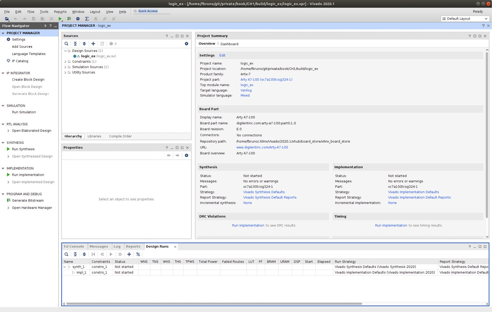 Figure 1.17 – Vivado main screen for the logic_ex project
