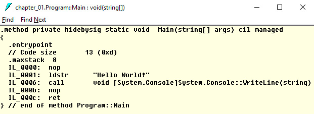 Figure 1.4 – A screenshot of the ildasm tool showing the IL code of the Main method