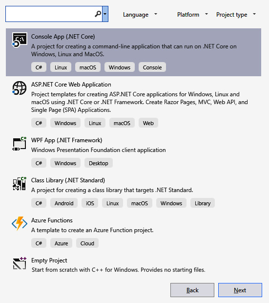 Figure 1.7 – Select the Console App (.NET Core) template when creating
a new project in Visual Studio
