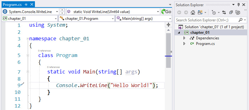 Figure 1.8 – Screenshot of Visual Studio and the code generated for the selected template