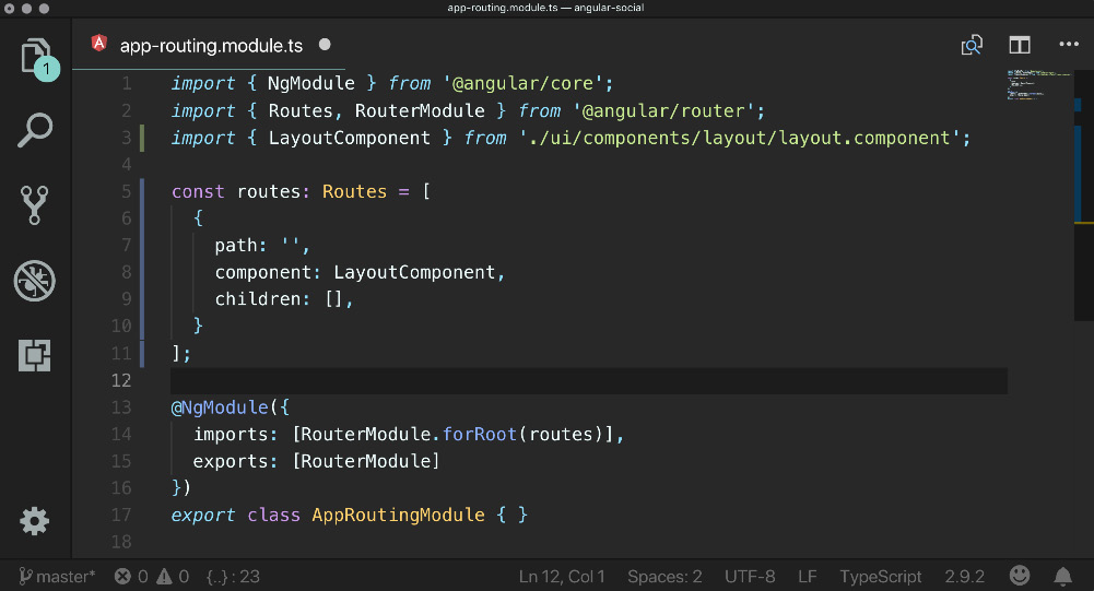 Figure 1.14: Adding the LayoutComponent to the AppRoutingModule