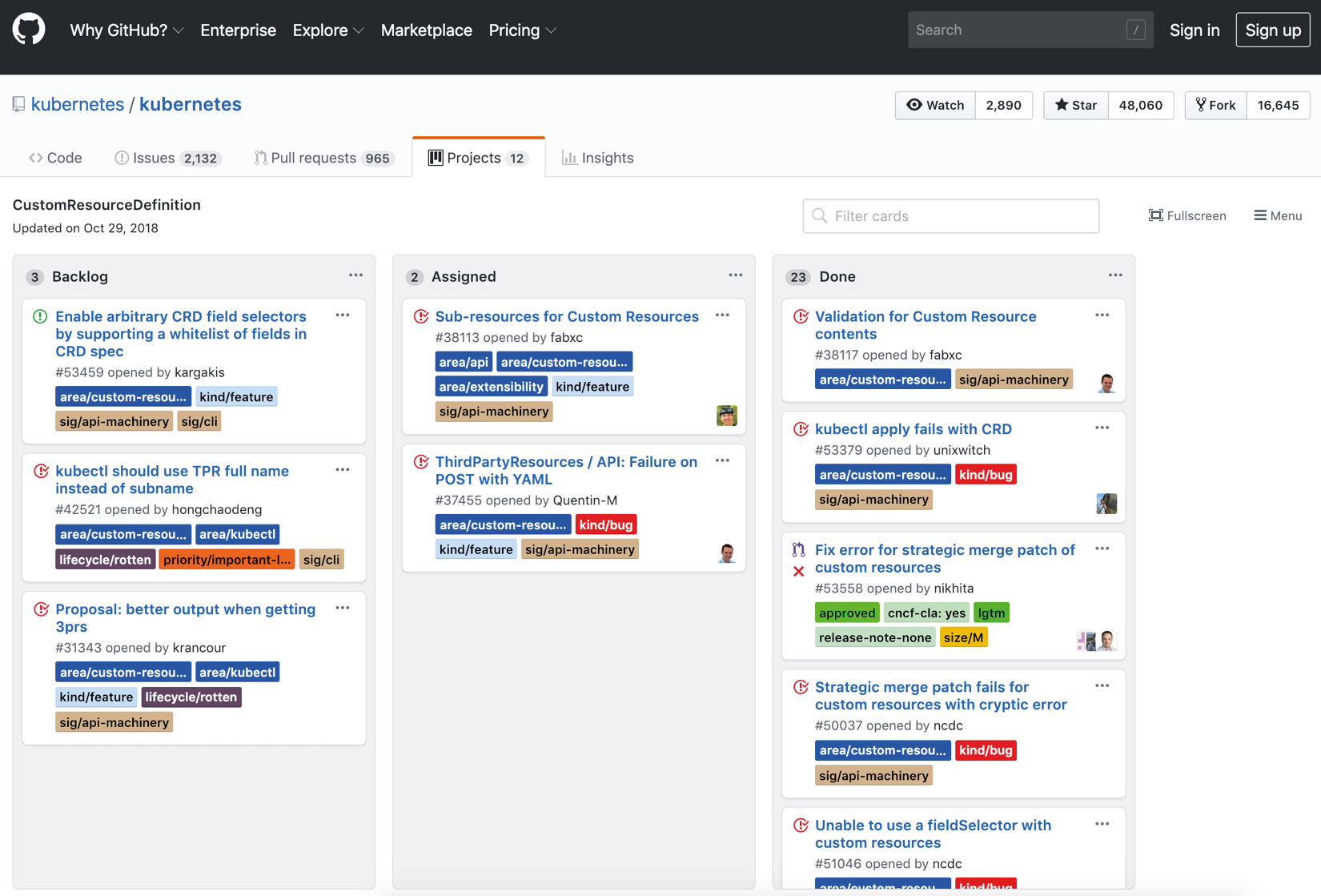 Fig 1.4: CustomResourceDefinition board of Kubernetes on GitHub