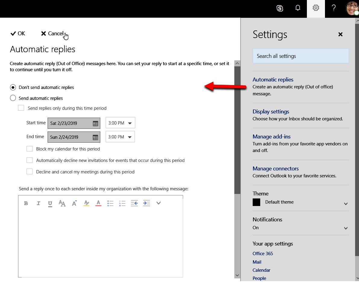 Setting The Out Of Office Reply Office 365 User Guide