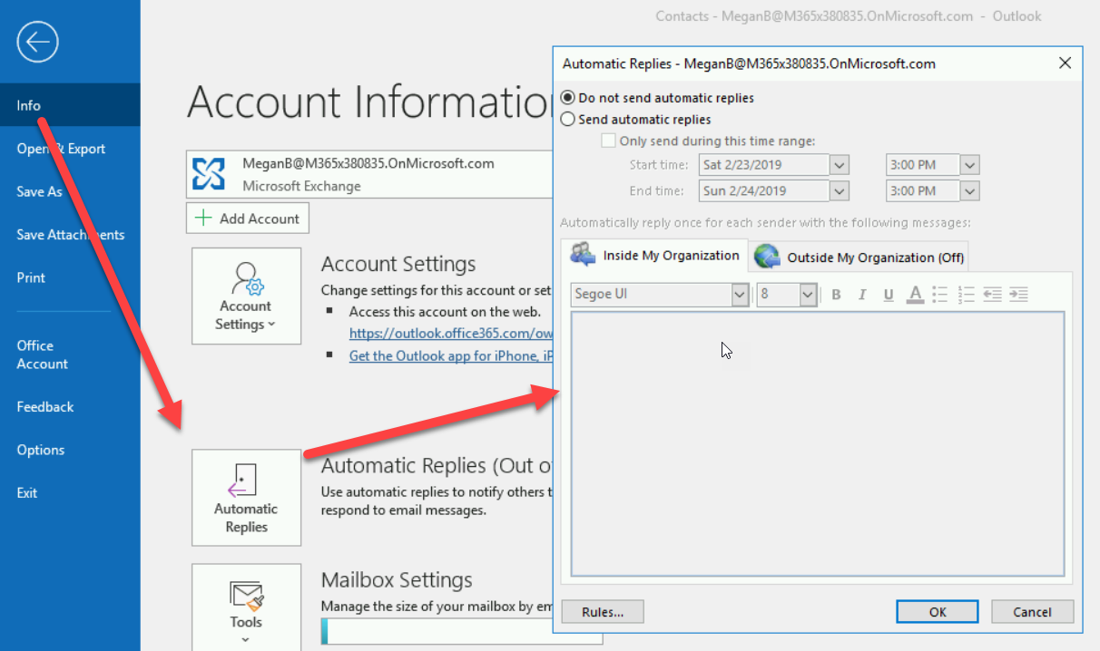 Setting The Out Of Office Reply Office 365 User Guide