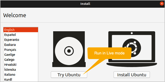 Figure 1.3 – Choosing live mode for Ubuntu