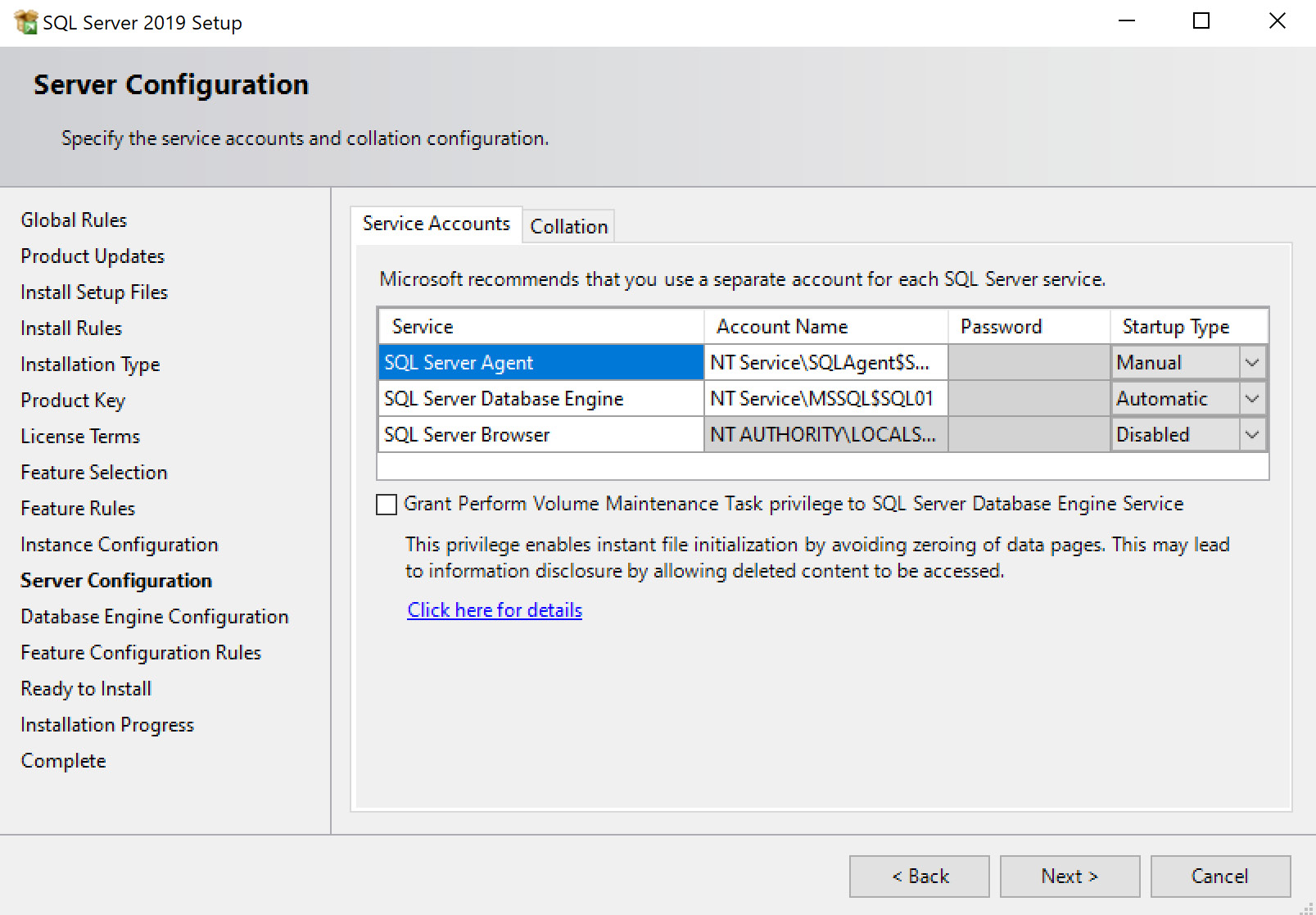 Fig. 1.6 – Server Configuration, Service Accounts tab
