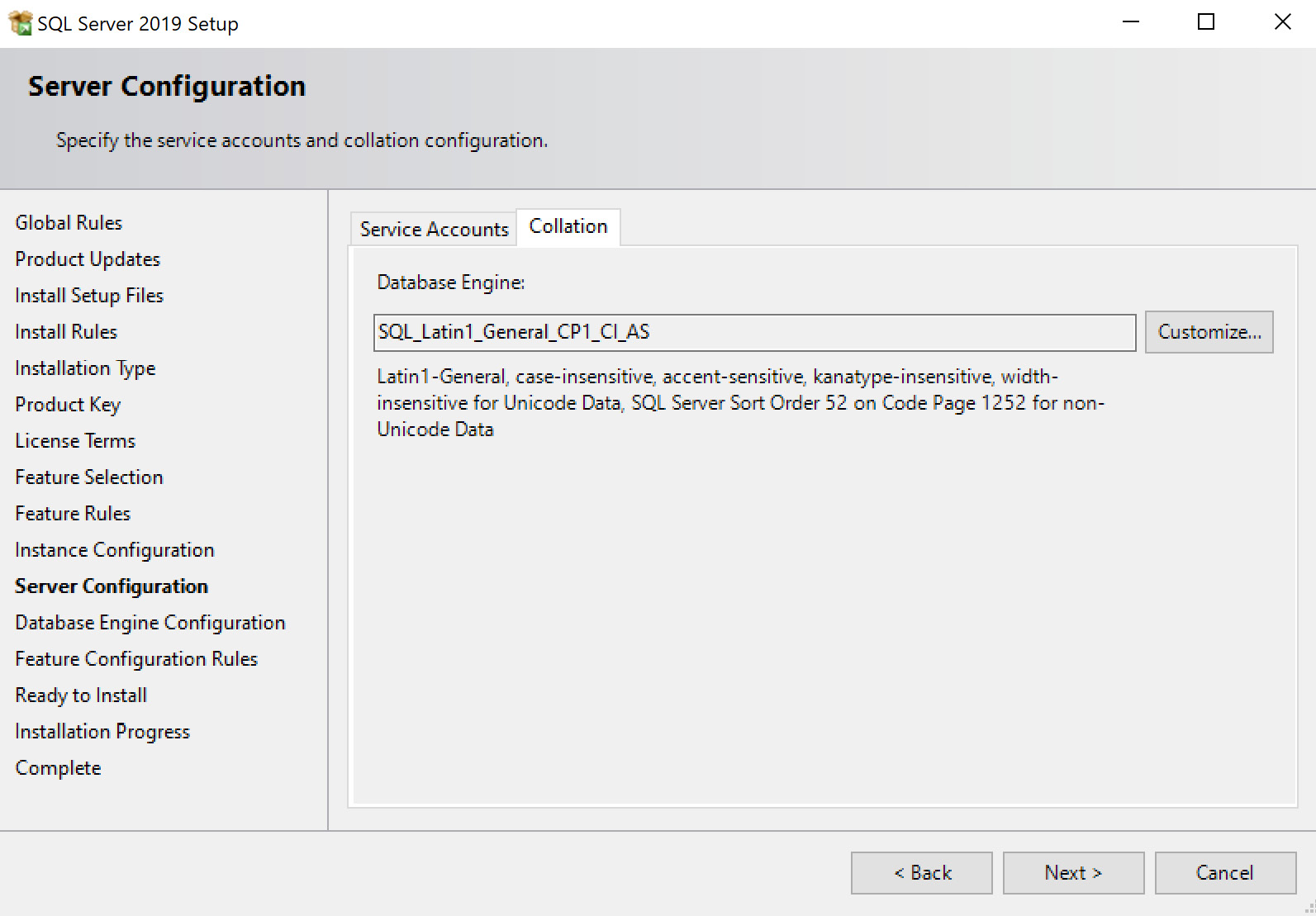 Fig. 1.7 – Server Configuration, Collation tab
