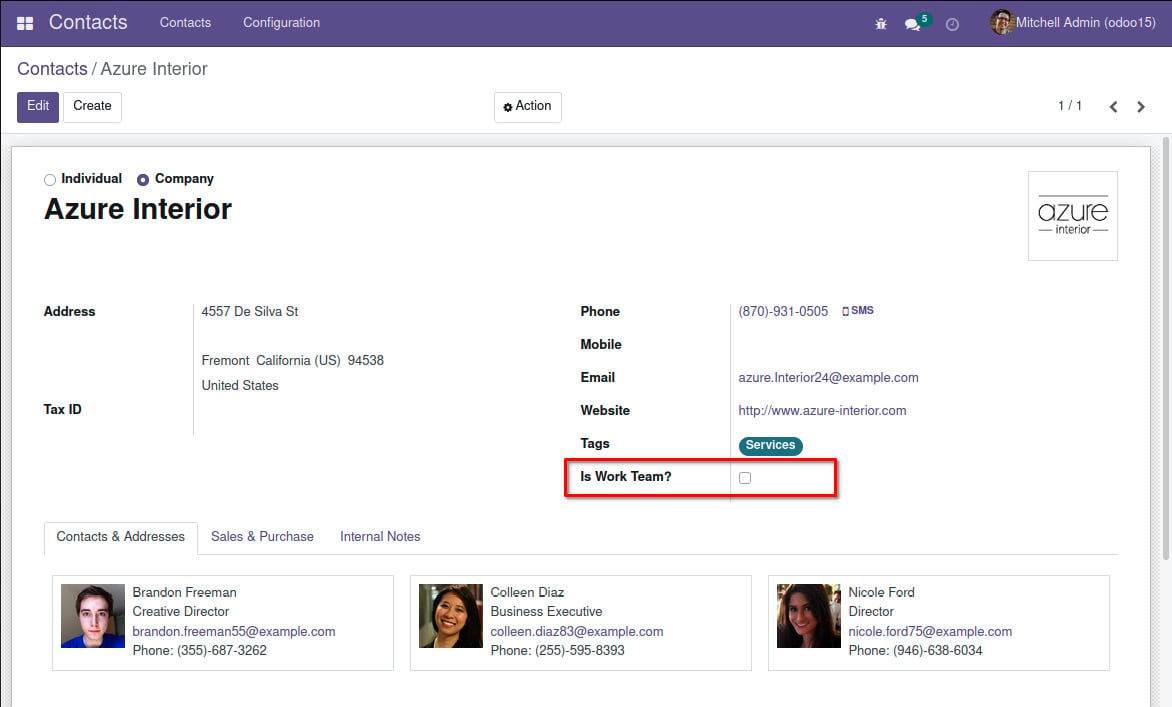 Figure 1.10 – The Contacts form view with the Is Work Team? field visible
