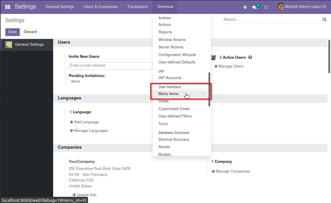 Figure 1.14 – The Technical menu Menu Items option
