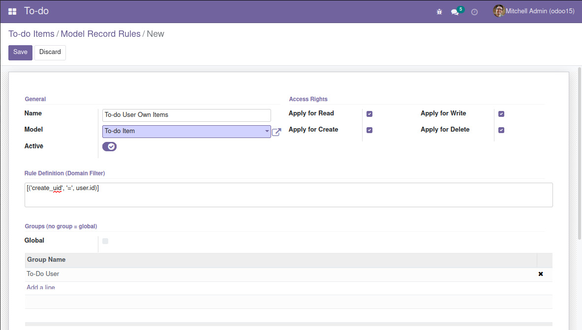 Figure 1.19 – The To-do User Own Items record rule
