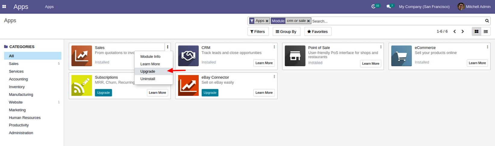 Figure 2.4 – Drop-down link for upgrading the module
