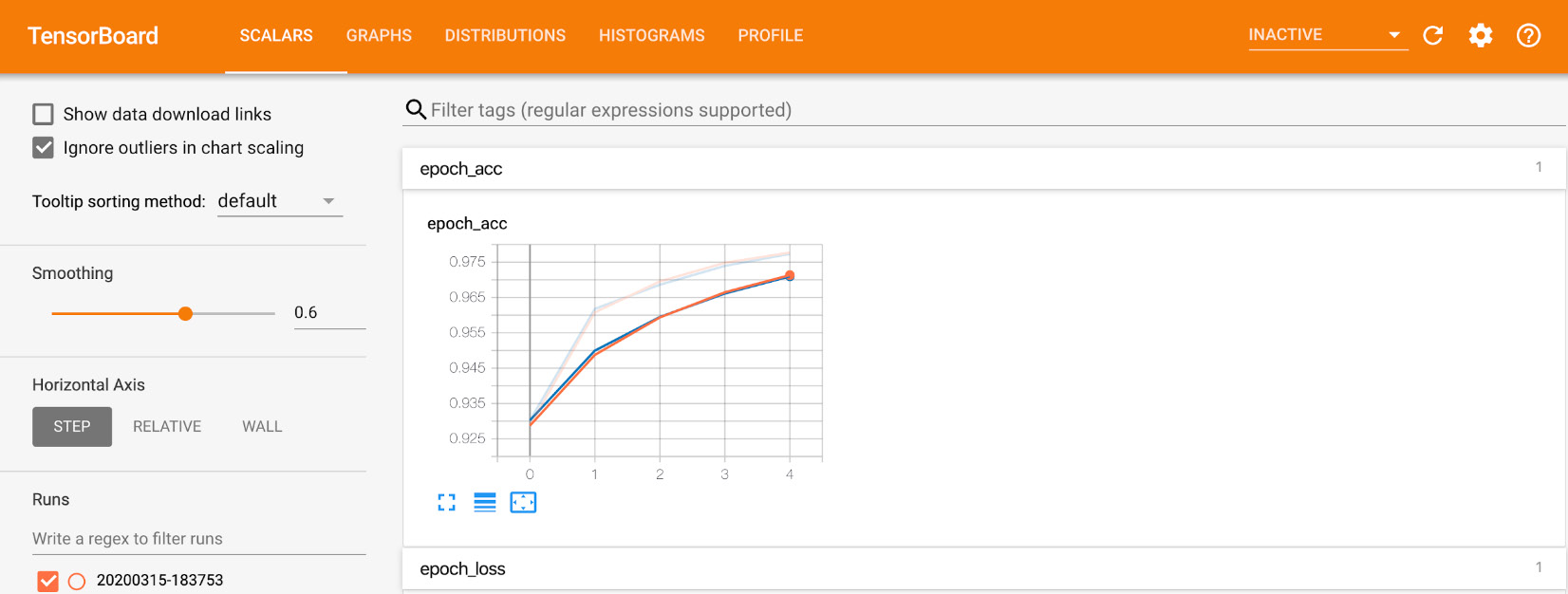 Figure 1.12: A visualization of the accuracy and loss graphs using TensorBoard
