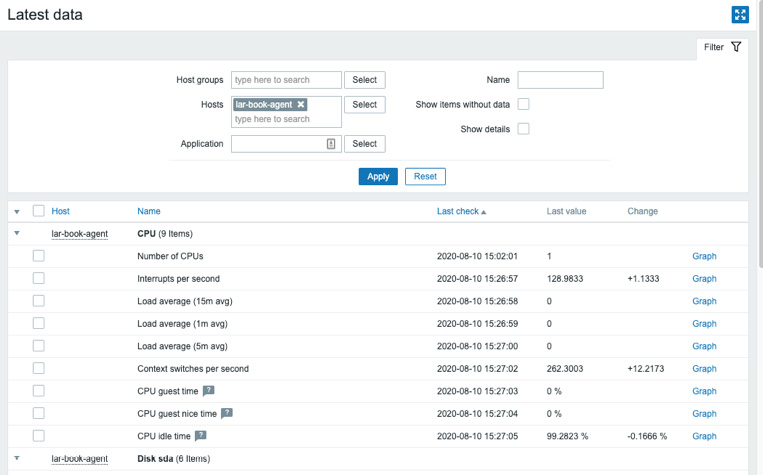 Figure 2.4 – The Zabbix latest data page for host lar-book-agent
