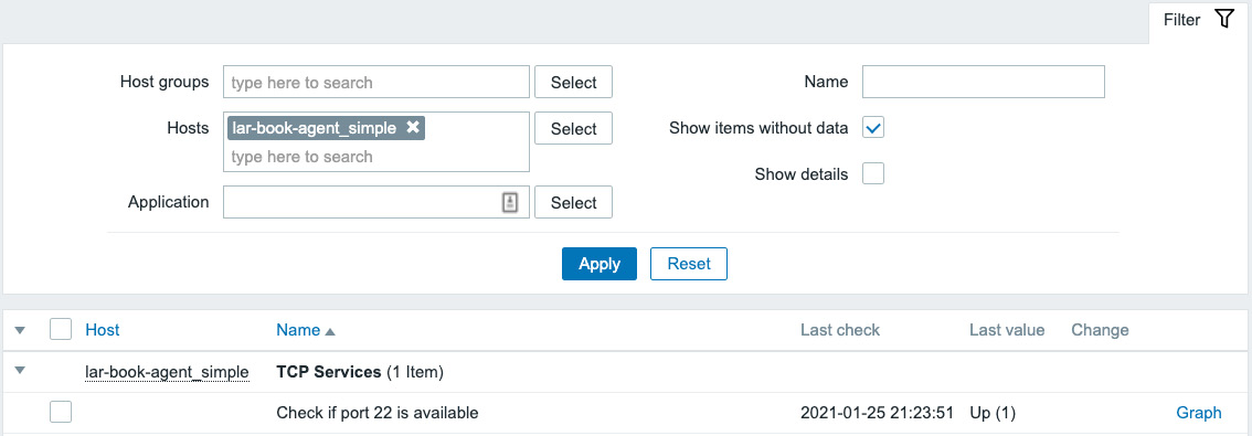 Figure 2.19 – Zabbix Latest data page for host lar-book-agent_simple, item port 22 check
