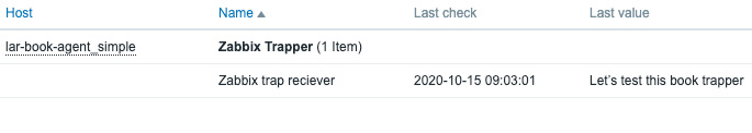 Figure 2.21 – Zabbix Latest data page for host lar-book-agent_simple, item trap receiver
