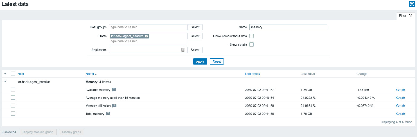 Figure 2.26 – Zabbix Latest data page for host lar-book-agent_passive, memory items
