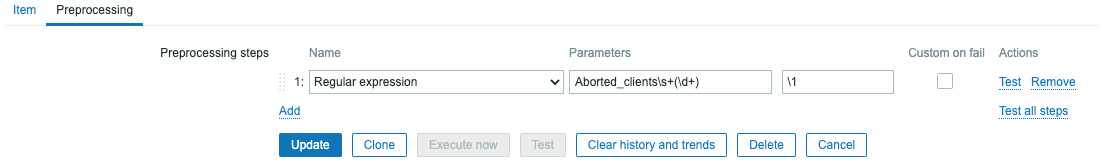 Figure 2.29 – Zabbix item preprocessing page, MariaDB aborted clients
