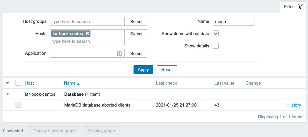 Figure 2.30 – Zabbix Latest data page, MariaDB aborted clients
