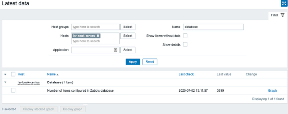 Figure 2.42 – Zabbix Latest data page for host lar-book-centos, items in Zabbix database
