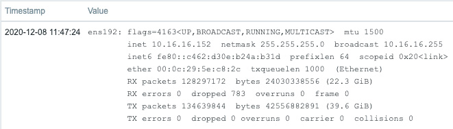 Figure 2.56 – Zabbix agent system.run command executing 'ifconfig ens192' results
