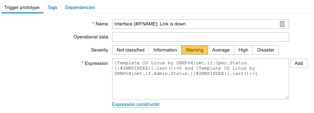 Figure 4.30 – Zabbix LLD trigger prototype creation page filled with our information for interface link status