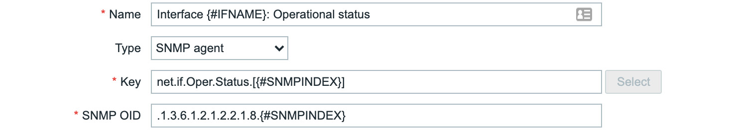 Figure 4.32 – Zabbix LLD item prototype name, type, key, and OID