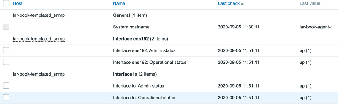 Figure 4.33 – Zabbix latest data screen for our SNMP-monitored host