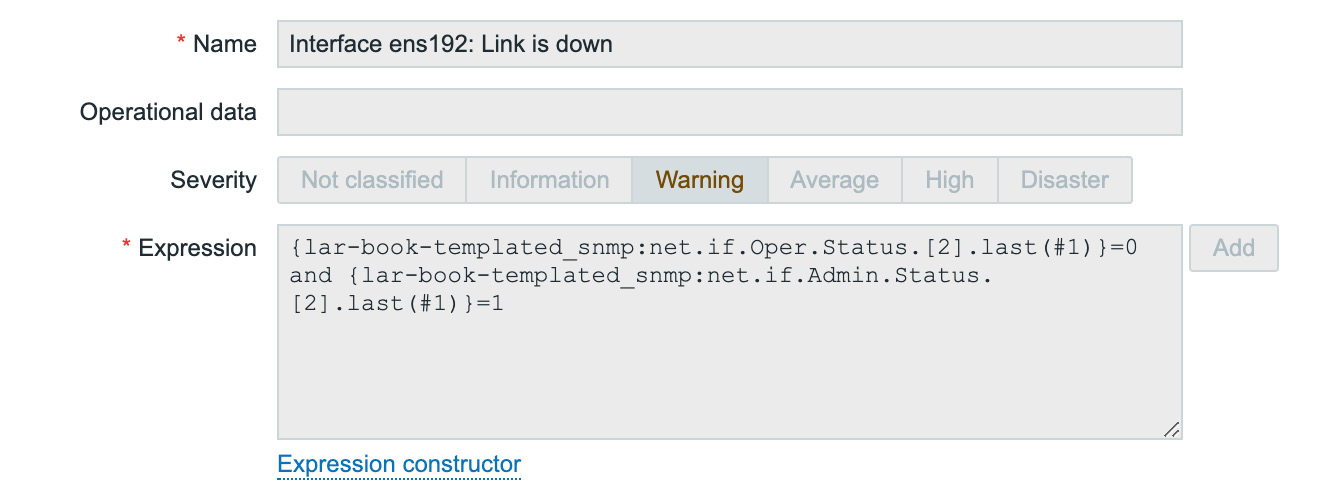 Figure 4.35 – Our SNMP-monitored host trigger for ens192