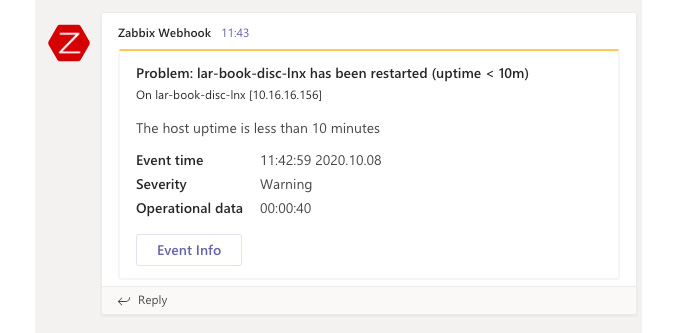 Figure 8.36 – A Zabbix problem in an MS Teams channel