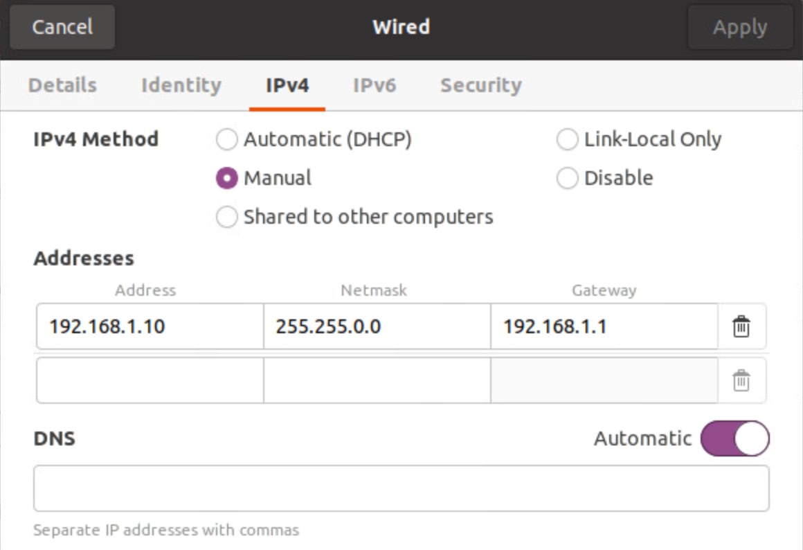 Figure 1.37 – Ubuntu manual IP configuration
